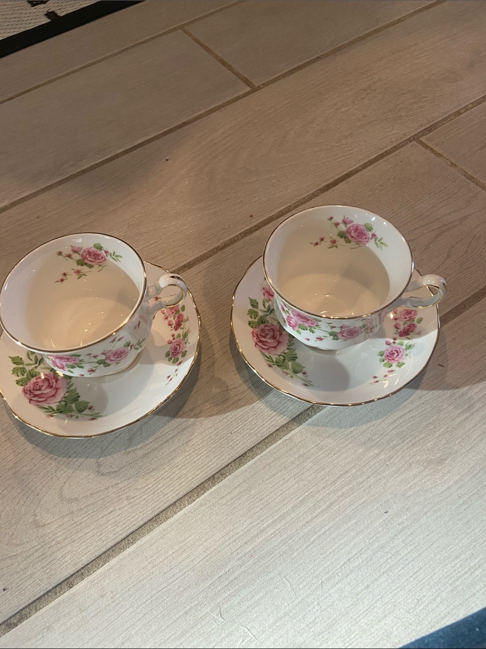 Avon Pink Rose Gold-Trim Porcelain Teacup and Saucer Set (2)